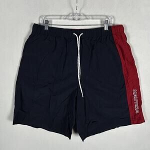 Nautica Men's Swim Trunks Size XL Blue Red Spell Out Pockets Drawstring Swimwear